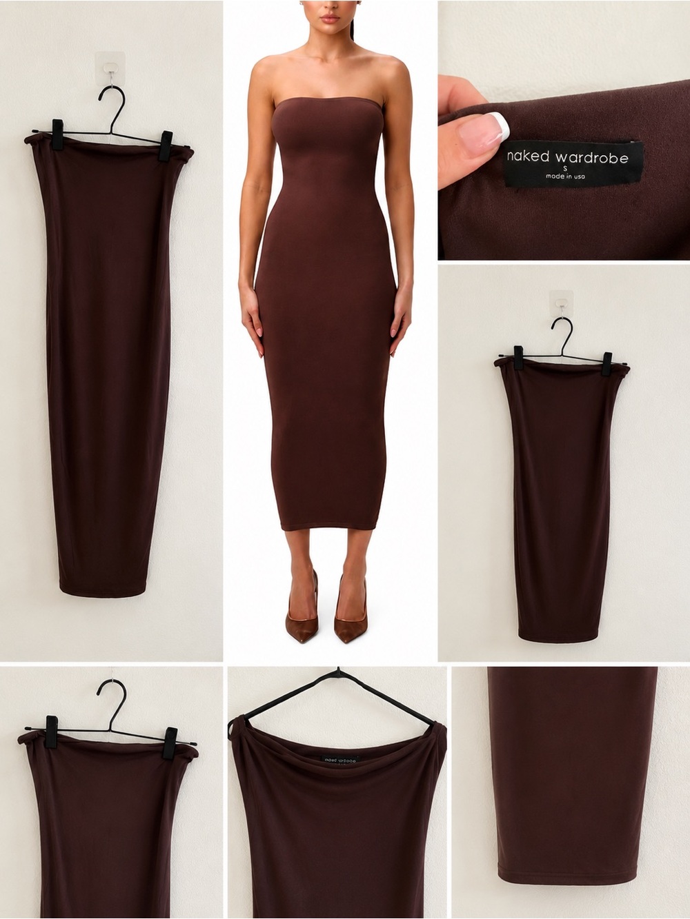 Naked Wardrobe Brown Strapless Midi Dress | Size Small